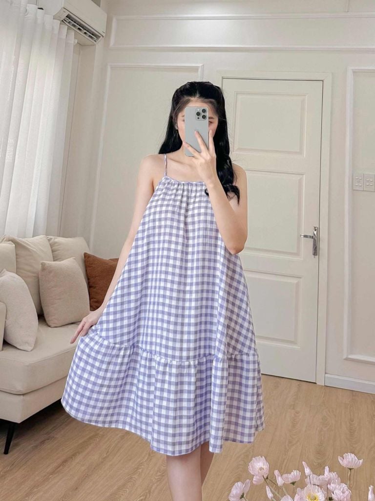 Đầm lụa 2 dây sọc caro tím