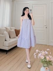 Đầm lụa 2 dây sọc caro tím