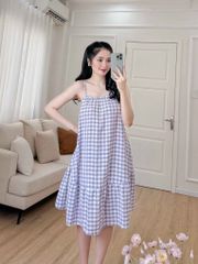 Đầm lụa 2 dây sọc caro tím