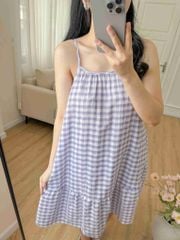 Đầm lụa 2 dây sọc caro tím