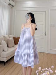 Đầm lụa 2 dây sọc caro tím
