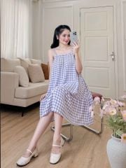 Đầm lụa 2 dây sọc caro tím