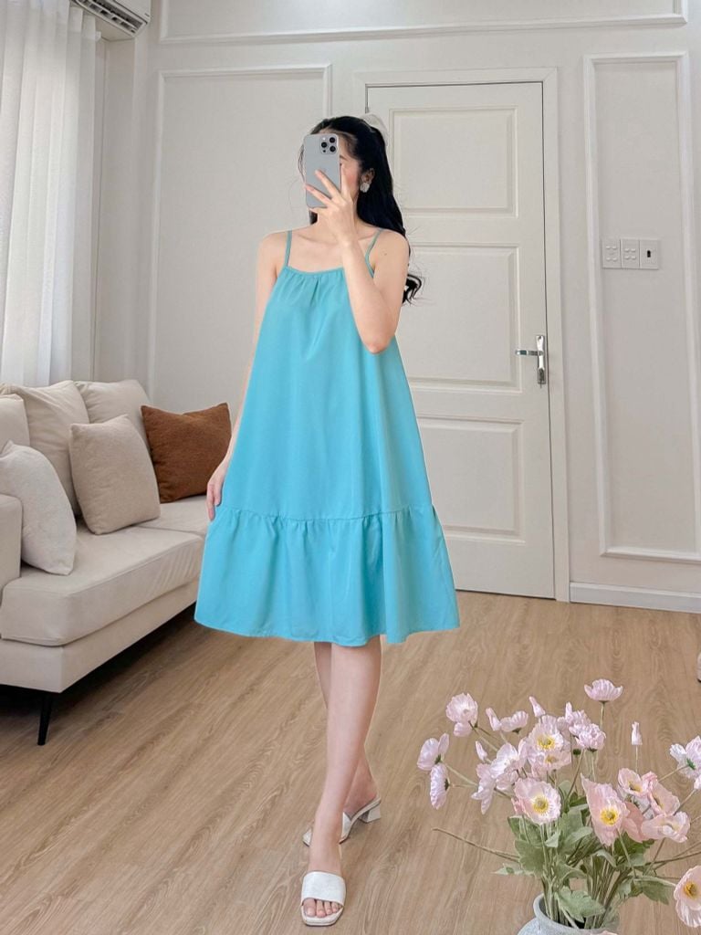 Đầm lụa 2 dây xanh ngọc