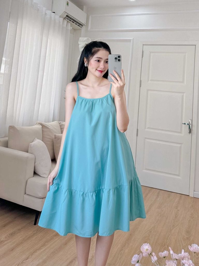 Đầm lụa 2 dây xanh ngọc