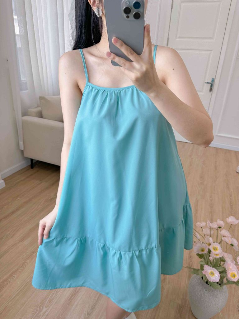 Đầm lụa 2 dây xanh ngọc