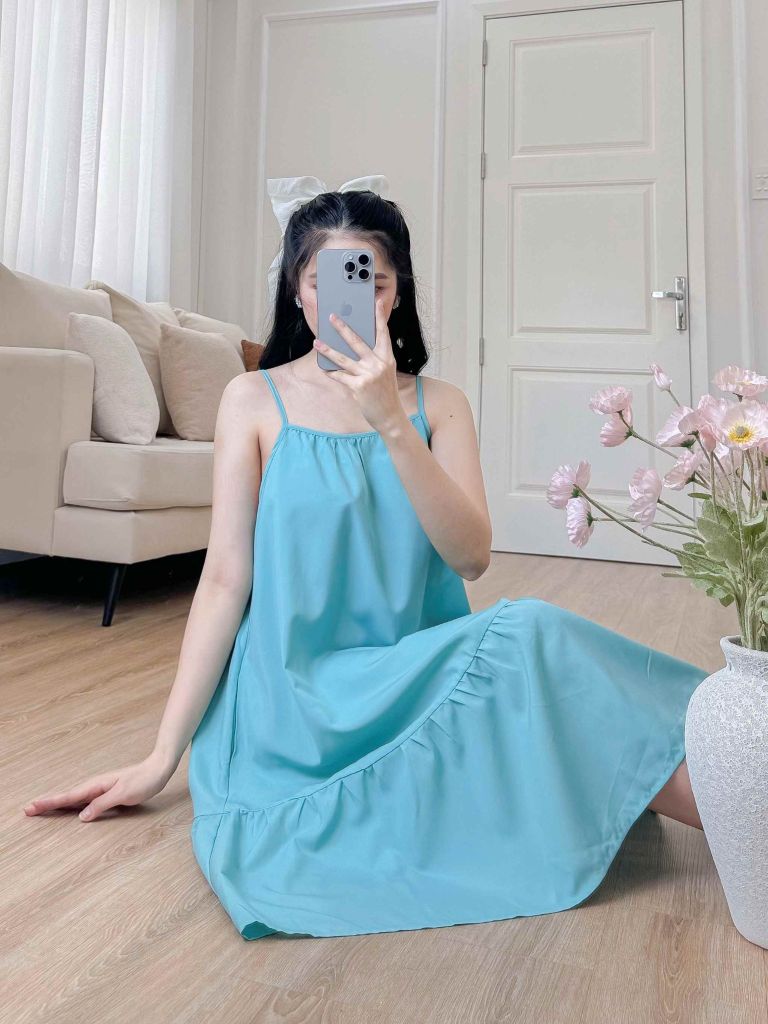 Đầm lụa 2 dây xanh ngọc