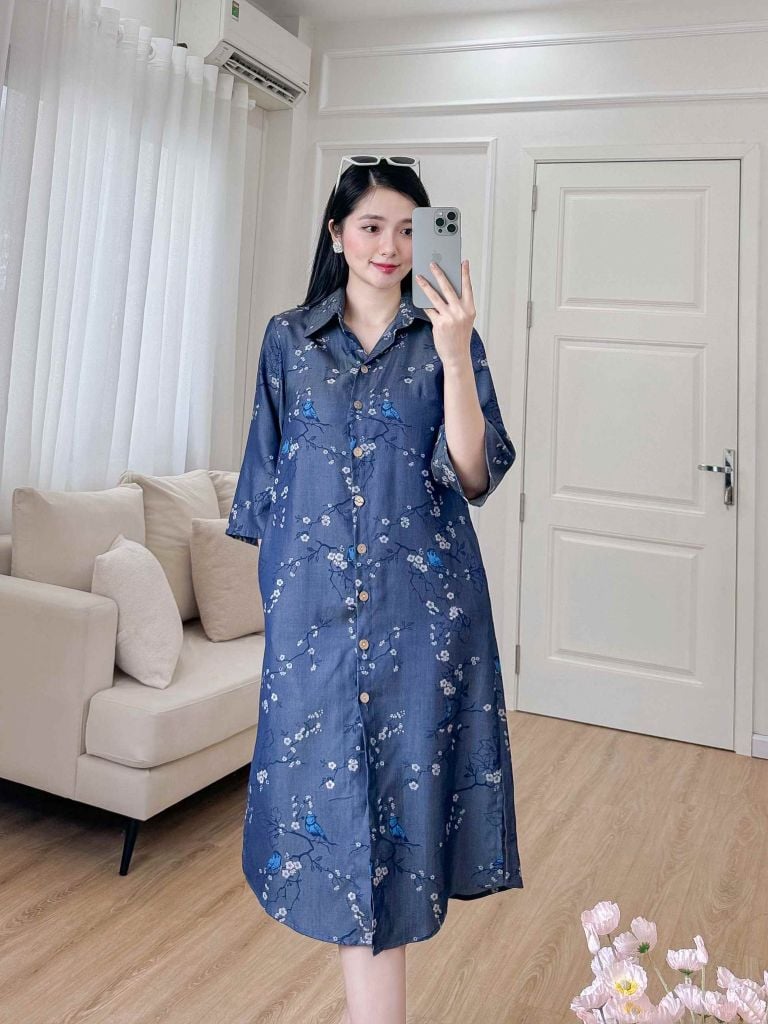 Đầm sơ mi tay lỡ họa tiết chim én mùa xuân