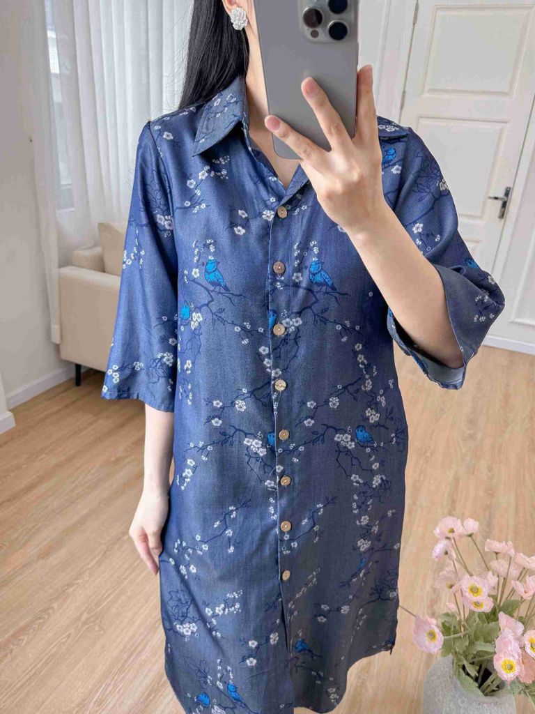 Đầm sơ mi tay lỡ họa tiết chim én mùa xuân