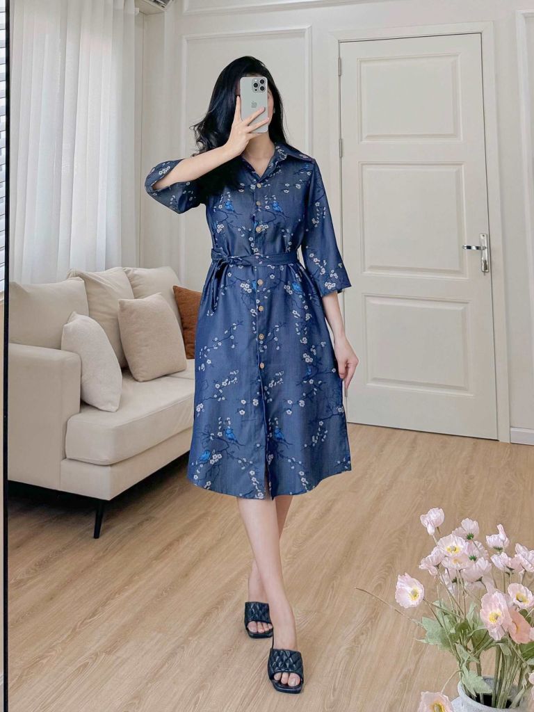 Đầm sơ mi tay lỡ họa tiết chim én mùa xuân