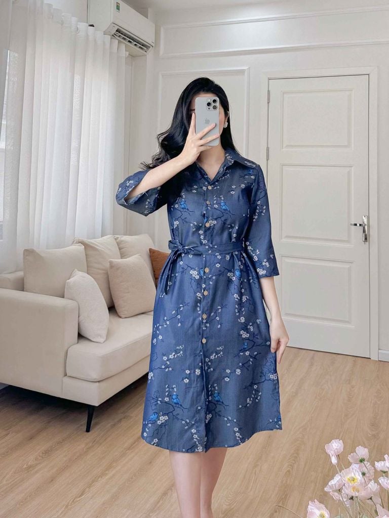 Đầm sơ mi tay lỡ họa tiết chim én mùa xuân