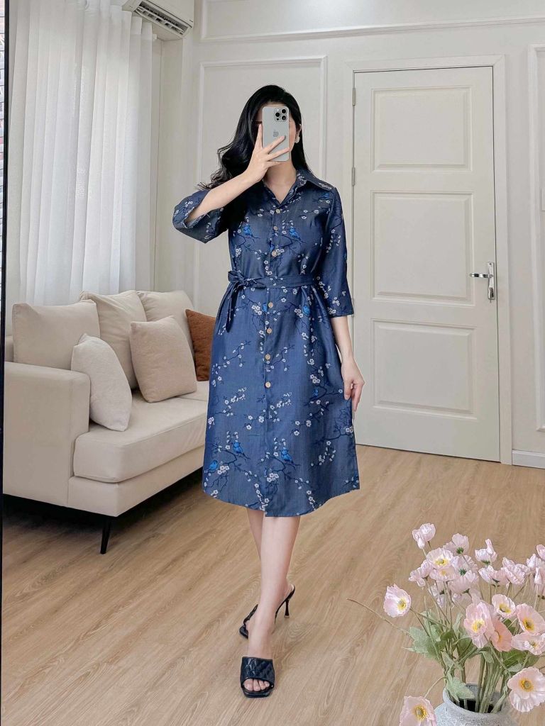 Đầm sơ mi tay lỡ họa tiết chim én mùa xuân
