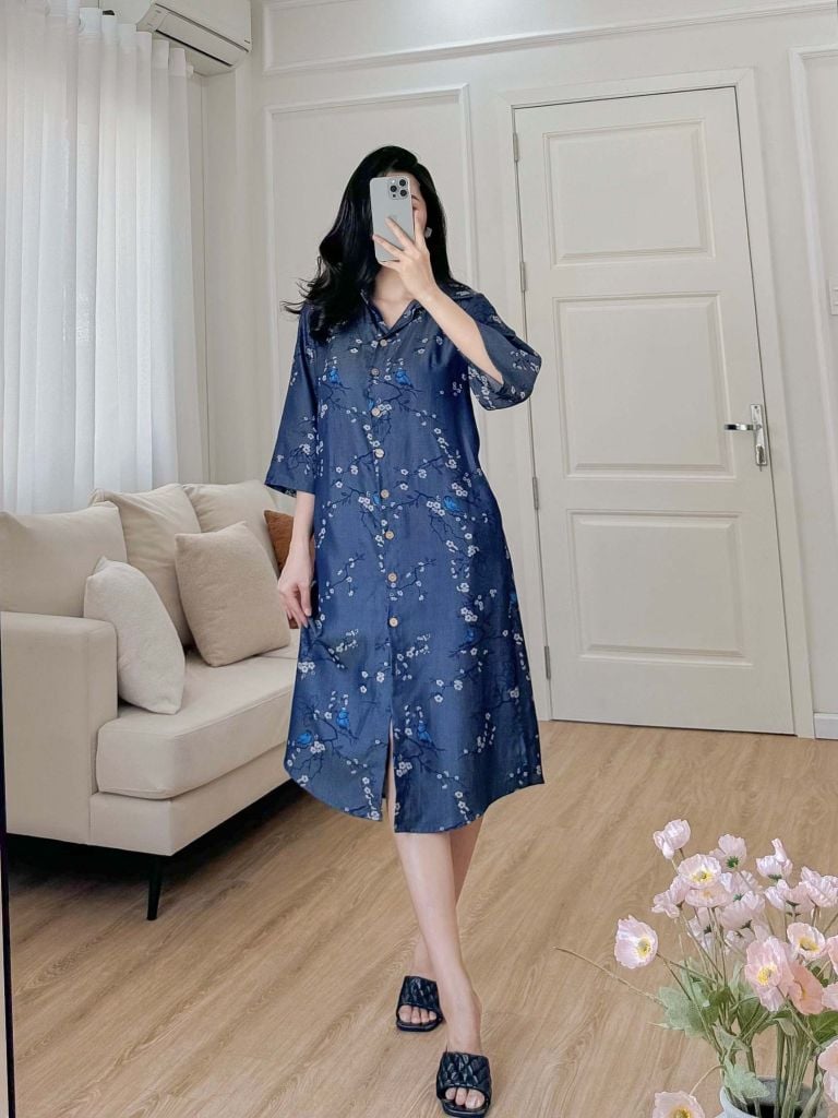 Đầm sơ mi tay lỡ họa tiết chim én mùa xuân