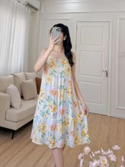 Đầm lụa 2 dây nền vàng hoa mẫu đơn