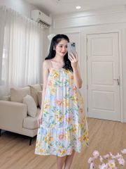 Đầm lụa 2 dây nền vàng hoa mẫu đơn