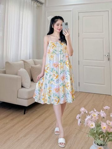 Đầm lụa 2 dây nền vàng hoa mẫu đơn
