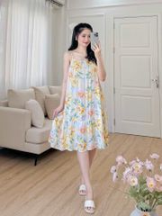 Đầm lụa 2 dây nền vàng hoa mẫu đơn