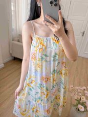 Đầm lụa 2 dây nền vàng hoa mẫu đơn