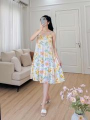 Đầm lụa 2 dây nền vàng hoa mẫu đơn