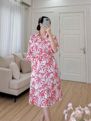Đầm sơ mi tay lỡ linen họa tiết dừa đỏ