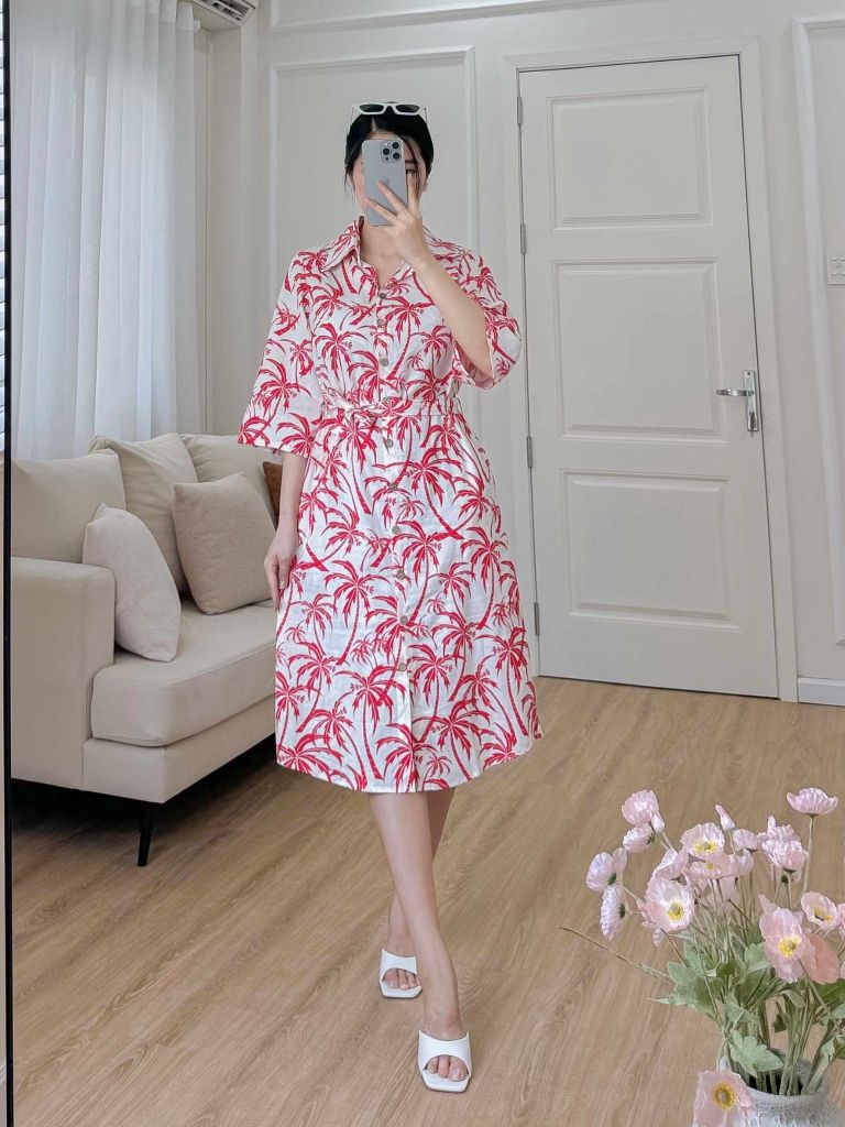 Đầm sơ mi tay lỡ linen họa tiết dừa đỏ