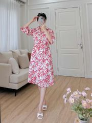 Đầm sơ mi tay lỡ linen họa tiết dừa đỏ