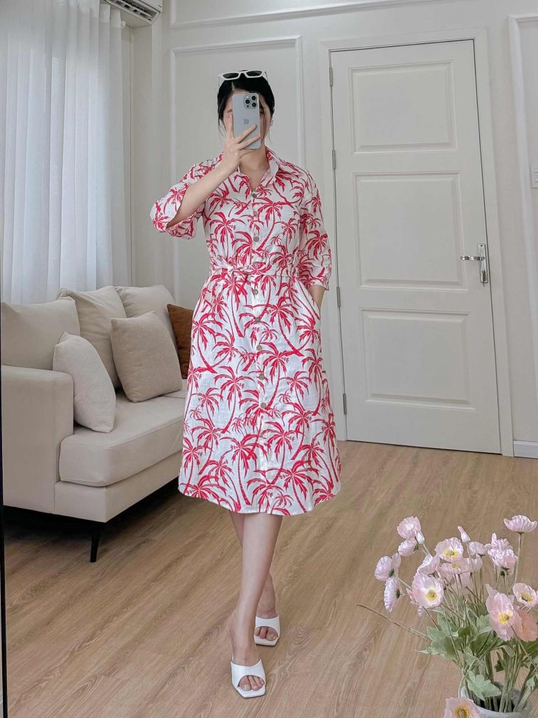 Đầm sơ mi tay lỡ linen họa tiết dừa đỏ