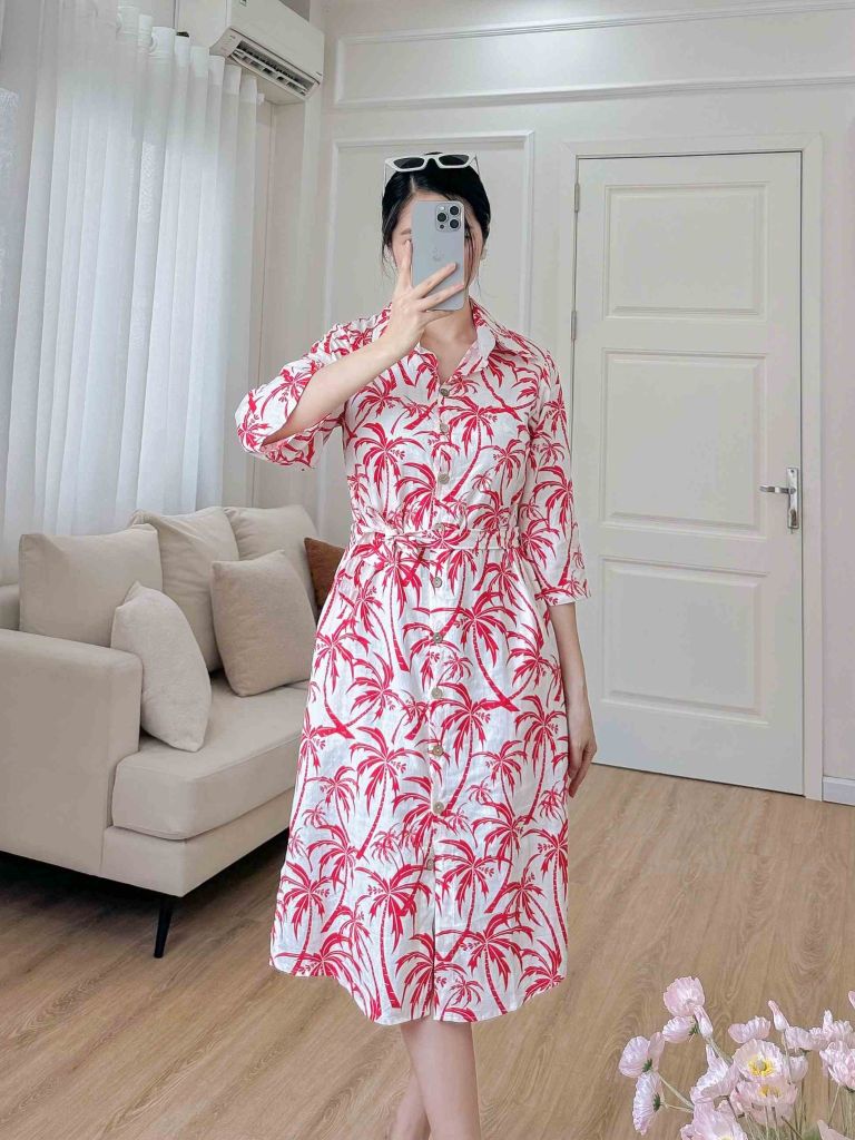 Đầm sơ mi tay lỡ linen họa tiết dừa đỏ