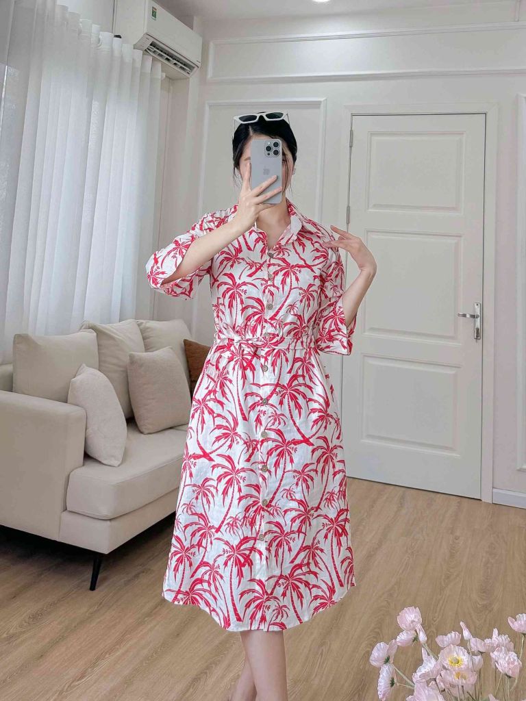 Đầm sơ mi tay lỡ linen họa tiết dừa đỏ