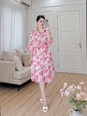 Đầm sơ mi tay lỡ linen họa tiết dừa đỏ