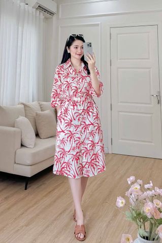 Đầm sơ mi tay lỡ linen họa tiết dừa đỏ