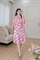 Đầm sơ mi tay lỡ linen họa tiết dừa đỏ
