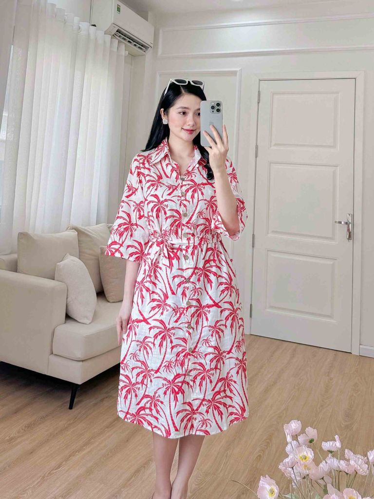 Đầm sơ mi tay lỡ linen họa tiết dừa đỏ