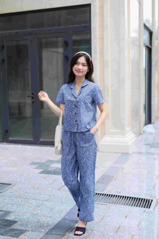 Đồ bộ dài có tay hoa nguyệt quế xanh nhí