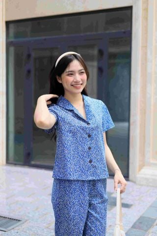 Đồ bộ dài có tay hoa nguyệt quế xanh nhí