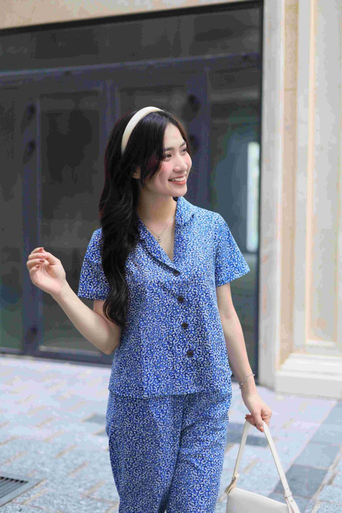 Đồ bộ dài có tay hoa nguyệt quế xanh nhí