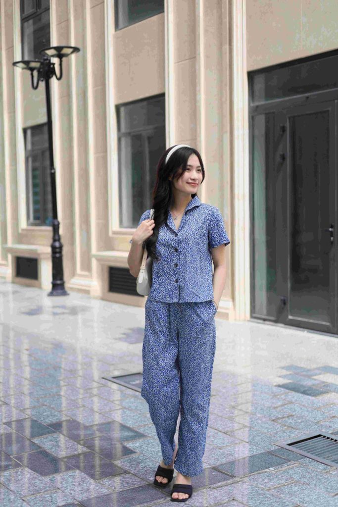 Đồ bộ dài có tay hoa nguyệt quế xanh nhí