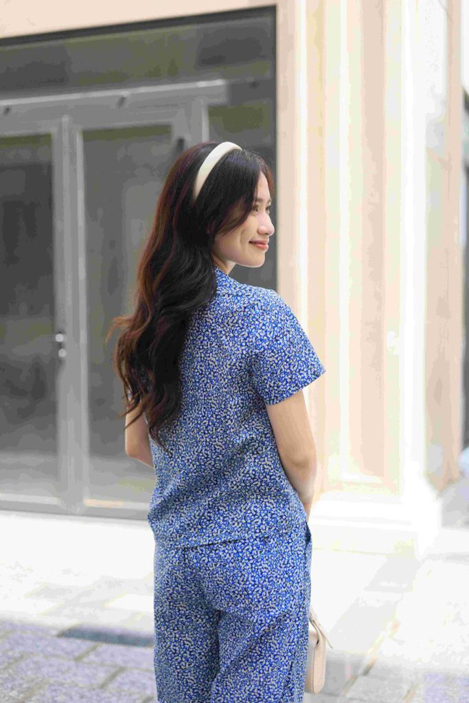 Đồ bộ dài có tay hoa nguyệt quế xanh nhí