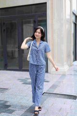 Đồ bộ dài có tay hoa nguyệt quế xanh nhí