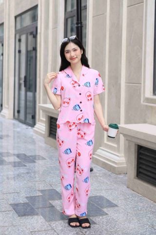 Đồ bộ dài có tay hoạ tiết gấu hồng