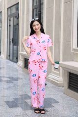 Đồ bộ dài có tay hoạ tiết gấu hồng