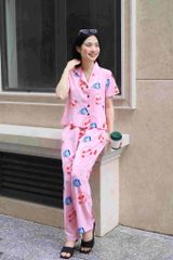 Đồ bộ dài có tay hoạ tiết gấu hồng