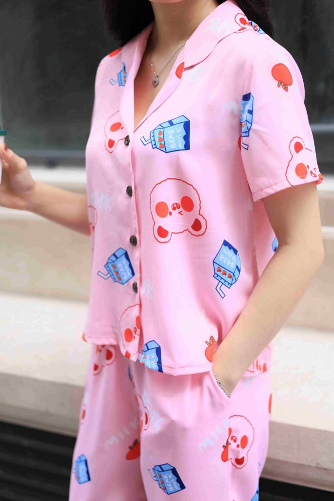 Đồ bộ dài có tay hoạ tiết gấu hồng