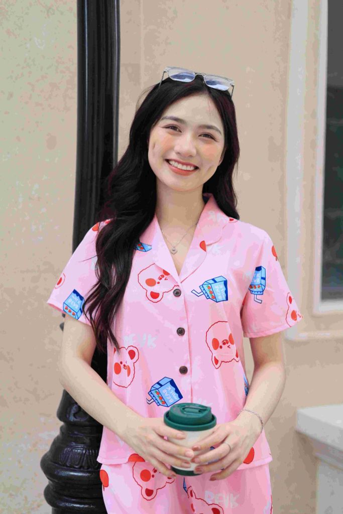 Đồ bộ dài có tay hoạ tiết gấu hồng