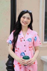 Đồ bộ dài có tay hoạ tiết gấu hồng