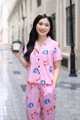 Đồ bộ dài có tay hoạ tiết gấu hồng