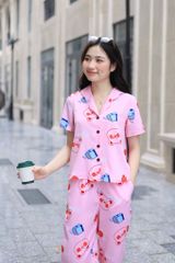 Đồ bộ dài có tay hoạ tiết gấu hồng