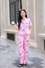 Đồ bộ dài có tay hoạ tiết gấu hồng