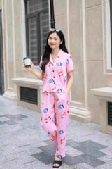 Đồ bộ dài có tay hoạ tiết gấu hồng