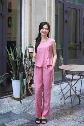 Đồ bộ dài không tay thiết kế vạt xéo hoa nguyệt quế hồng