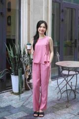 Đồ bộ dài không tay thiết kế vạt xéo hoa nguyệt quế hồng